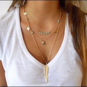 Boutique Feather & Turquoise 3 strand Silver Necklace